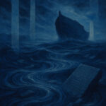 A surreal blue-toned flood scene inspired by Noah’s Ark. A massive wooden Ark rises in the distance under stormy skies. In the foreground, swirling waters carry broken stone tablets inscribed with cuneiform, symbolizing law and memory dissolving into chaos as the flood resets balance.