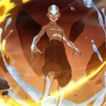 An animated bald monk with glowing white eyes and a luminous arrow on his head stands in the center of a swirling vortex of the four elements—fire, water, air, and earth—each circling around him in balance. Rocks float midair, water arcs as ribbons, and flames spiral with light. The figure stands strong and calm, embodying harmony amid chaos. The scene symbolizes elemental unity and the restoration of balance—a visual echo of the text’s theme that the illusion of separation is humanity’s greatest mistake.