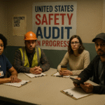 Four serious-looking workers—one in medical scrubs, one in a construction vest and hardhat, one in casual clothes with glasses, and one in a hoodie with a cap—sit at a table with clipboards and paperwork in front of them. Behind them a large poster reads “UNITED STATES SAFETY AUDIT IN PROGRESS,” and another says “EFFICIENCY SAVES LIVES.” Their expressions are tense and weary, as if documenting systemic failures. The scene resembles an inspection meeting but evokes the mood of a nation being audited for its human costs.