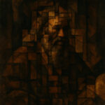 A dark, warm-toned oil painting reimagines an elderly, bearded figure in the style of Rembrandt, but his face and body are fractured into a mosaic of overlapping geometric rectangles. The image blends classical realism with Cubist abstraction: deep browns, ochres, and golds form a shattered grid through which the man’s sombre expression emerges. His long hair and beard glow subtly within the fragmented pattern, suggesting a revered patriarch whose image is breaking apart — revealing not a person, but a collapsing system beneath.
