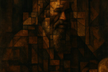 A dark, warm-toned oil painting reimagines an elderly, bearded figure in the style of Rembrandt, but his face and body are fractured into a mosaic of overlapping geometric rectangles. The image blends classical realism with Cubist abstraction: deep browns, ochres, and golds form a shattered grid through which the man’s sombre expression emerges. His long hair and beard glow subtly within the fragmented pattern, suggesting a revered patriarch whose image is breaking apart — revealing not a person, but a collapsing system beneath.