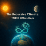 An illustrated cosmic scene shows Earth against a dark star-filled background. Above the Earth, a glowing turquoise symbol resembling an infinity loop intertwined with branching, root-like tendrils rises upward, suggesting recursion or energy flow. On the left, a bright orange sun radiates light, while on the right a gray moon hangs in shadow. Centered text reads: “The Recursive Climate: TAIRID Offers Hope.” The image evokes interconnected systems, planetary cycles, and the idea of hidden structural patterns shaping climate behavior. If you'd like, I can also create a short alt text suitable for platforms with tighter limits.