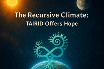 An illustrated cosmic scene shows Earth against a dark star-filled background. Above the Earth, a glowing turquoise symbol resembling an infinity loop intertwined with branching, root-like tendrils rises upward, suggesting recursion or energy flow. On the left, a bright orange sun radiates light, while on the right a gray moon hangs in shadow. Centered text reads: “The Recursive Climate: TAIRID Offers Hope.” The image evokes interconnected systems, planetary cycles, and the idea of hidden structural patterns shaping climate behavior. If you'd like, I can also create a short alt text suitable for platforms with tighter limits.