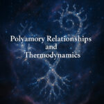 A cosmic image showing a glowing, tree-like spiral made of starlight against a deep blue space background. The branching pattern resembles both neurons and galaxies, symbolizing interconnectedness and flow. Centered over the image is the white title text: “Polyamory Relationships and Thermodynamics.” The overall feel is celestial, scientific, and organic — evoking the fusion of love, systems, and universal structure.