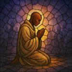 A stained-glass style illustration showing a bald, dark-skinned man kneeling in prayer at the center of the frame. He wears a light tan cloak, rendered with soft geometric glass-like facets. Gentle purples, blues, and amber tones glow around him in the background, suggesting a sacred or otherworldly space. Abstract, shadowy figures stand far behind him, blurred into the mosaic texture.