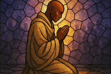 A stained-glass style illustration showing a bald, dark-skinned man kneeling in prayer at the center of the frame. He wears a light tan cloak, rendered with soft geometric glass-like facets. Gentle purples, blues, and amber tones glow around him in the background, suggesting a sacred or otherworldly space. Abstract, shadowy figures stand far behind him, blurred into the mosaic texture.