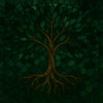 A stained-glass mosaic artwork depicting a large, asymmetrical tree with deep emerald and jade-green tones. Three distinct roots spread downward like branching letters, joining into a single trunk. The canopy is lush and uneven, made of interlocking dark and light green glass pieces that resemble Penrose-style tiles. The light catches the leaves in shifting gradients, creating a sense of life, complexity, and quiet movement. The background is softly illuminated, giving the tree a symbolic, contemplative presence.