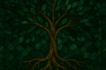 A stained-glass mosaic artwork depicting a large, asymmetrical tree with deep emerald and jade-green tones. Three distinct roots spread downward like branching letters, joining into a single trunk. The canopy is lush and uneven, made of interlocking dark and light green glass pieces that resemble Penrose-style tiles. The light catches the leaves in shifting gradients, creating a sense of life, complexity, and quiet movement. The background is softly illuminated, giving the tree a symbolic, contemplative presence.