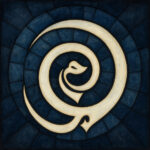 A stained-glass style abstract artwork in shades of pearl white, grey, and midnight blue. Three Arabic letters ر ح م (R-Ḥ-M) are stylized and interwoven into a soft spiral, forming a symbolic womb-like chamber of light at the center. The curves blend into mosaic-like fragments, giving the impression of a quiet cosmic return or an inner sanctuary. The scene is luminous, contemplative, and free of anatomical imagery — a symbolic representation of mercy, origin, and return.