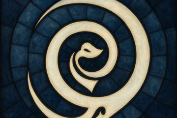 A stained-glass style abstract artwork in shades of pearl white, grey, and midnight blue. Three Arabic letters ر ح م (R-Ḥ-M) are stylized and interwoven into a soft spiral, forming a symbolic womb-like chamber of light at the center. The curves blend into mosaic-like fragments, giving the impression of a quiet cosmic return or an inner sanctuary. The scene is luminous, contemplative, and free of anatomical imagery — a symbolic representation of mercy, origin, and return.