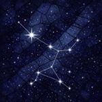 Stained-glass–style night sky showing the star Sirius and the surrounding stars of Canis Major rendered as white–silver points connected by faint lines, set against a deep indigo mosaic background. The image presents the constellation as a quiet pattern of light rather than a symbolic figure, emphasizing stars as signs within the night sky.