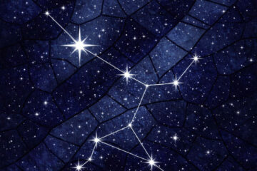 Stained-glass–style night sky showing the star Sirius and the surrounding stars of Canis Major rendered as white–silver points connected by faint lines, set against a deep indigo mosaic background. The image presents the constellation as a quiet pattern of light rather than a symbolic figure, emphasizing stars as signs within the night sky.
