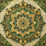 Stained-glass mosaic based on a Penrose-style geometric pattern in muted green, ivory, and warm gold. Interlocking shapes form a coherent yet non-repeating structure, expressing unity through diversity. The image reflects the article’s exploration of the Beautiful Names of God as interconnected fields of meaning—names without faces, structure without depiction, coherence without a central form.