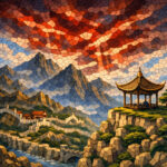 A stained-glass–style illustration focuses on a mountainous landscape beneath a fractured daytime sky. Jagged blue-gray mountains rise quietly above a small, orderly settlement of stone walls and pagoda-roofed buildings, partially visible along a winding river. Most of the image is occupied by the sky, which is broken into mosaic segments where pale daylight is overlaid by irregular fields of deep red and copper tones. The red light has no visible source and does not radiate like sunlight; instead it appears suspended and intrusive, cutting across the blue sky as an unnatural sign. The land below remains calm and intact, while the sky alone signals disclosure rather than destruction.